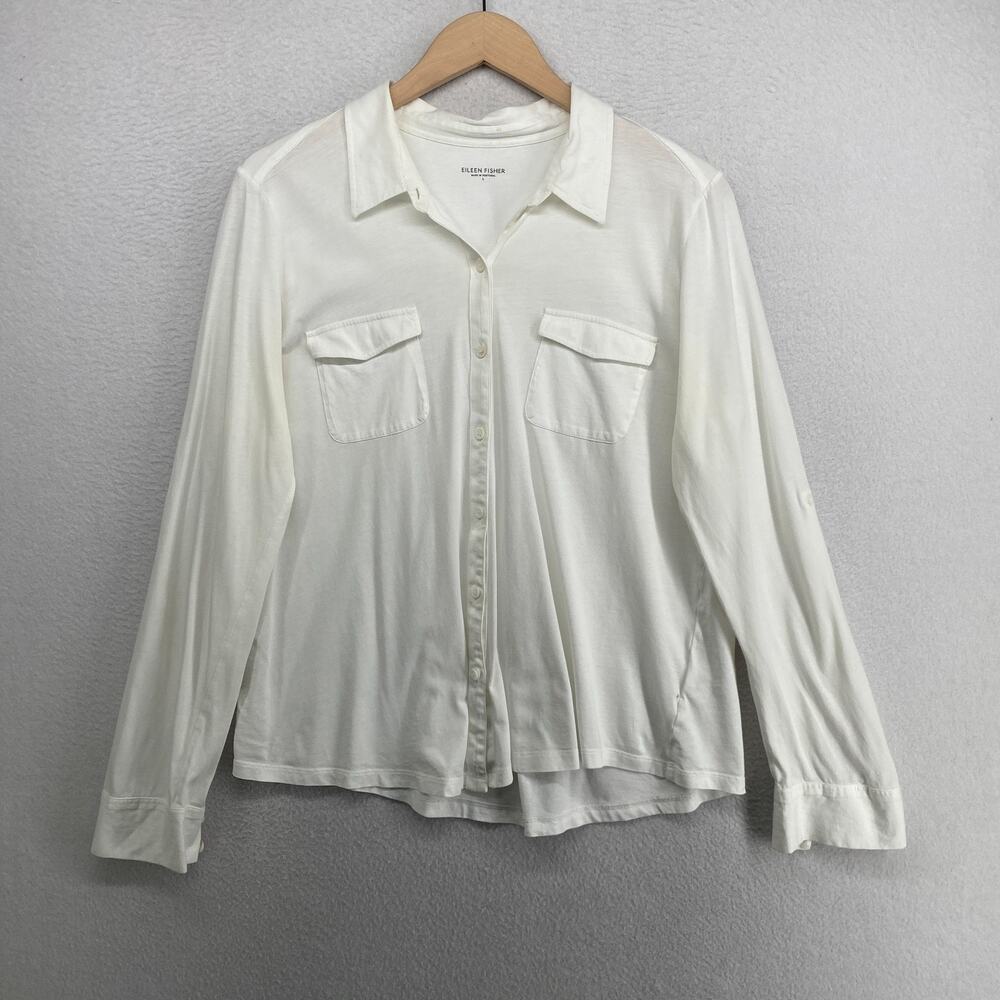 EILEEN FISHER Top L Organic Cotton Jersey Shirt Button Up Roll Tab Sleeve White